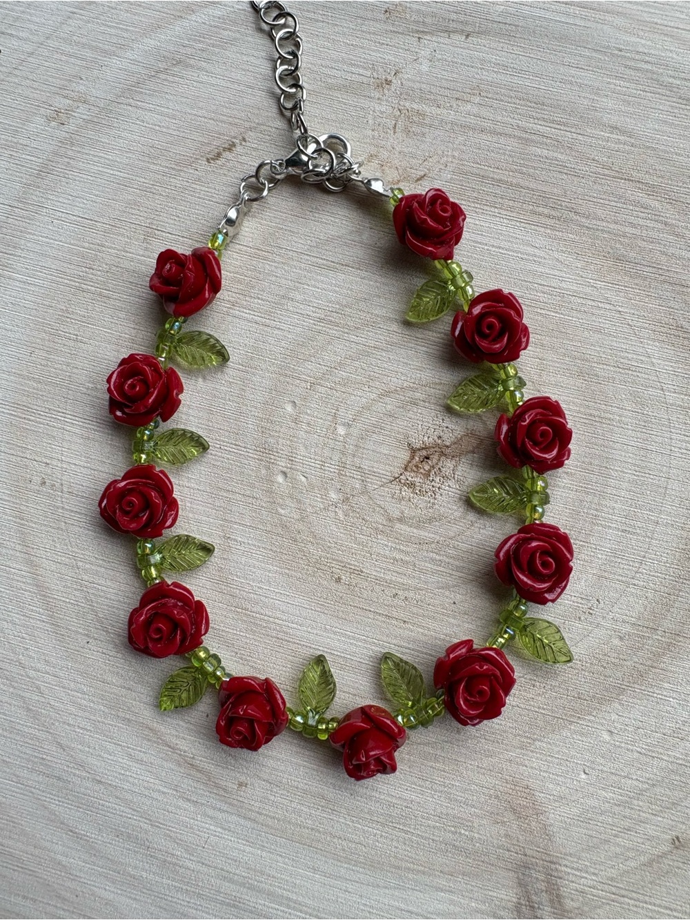 Artisan Made Adjustable Rose Bracelet With Acrylic & Glass Beads